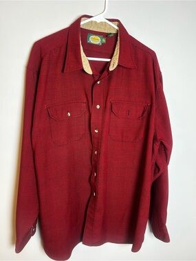 Cabela's Red Plaid Button-Down Shirt with Tan Corduroy Collar
